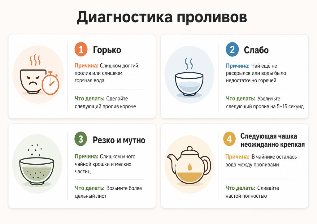 Инфографика с четырьмя карточками: горько, слабо, резко и мутно, следующая чашка неожиданно крепкая — причина и что делать