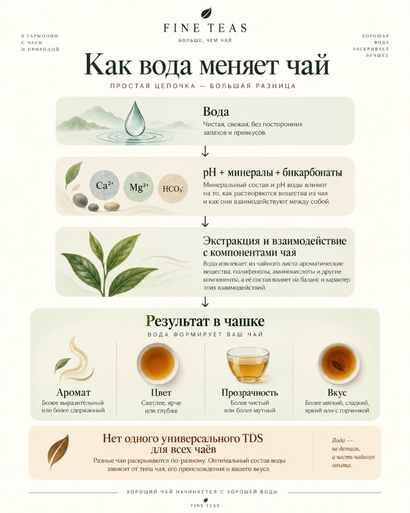 Схема влияния состава воды на экстракцию, аромат, цвет и вкус чая
