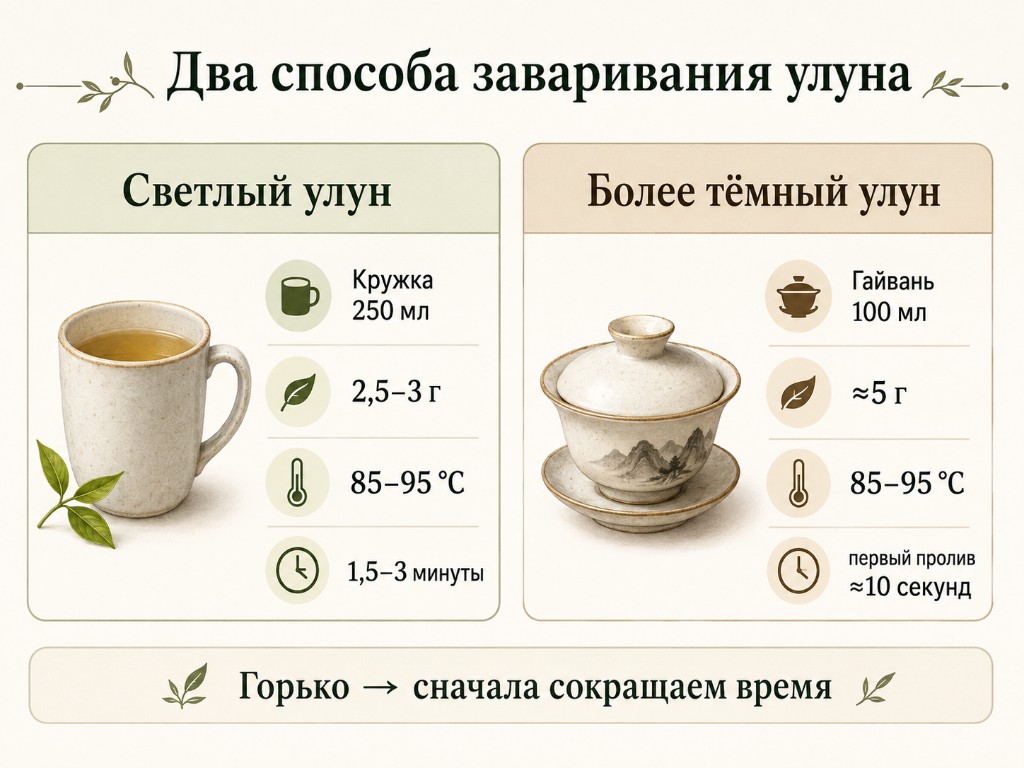 Инфографика: светлый улун в кружке и более тёмный улун в гайвани с граммовкой, температурой и временем