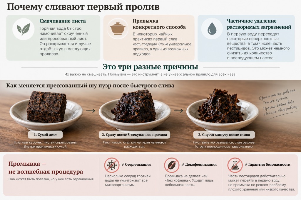 Инфографика: причины первого слива, изменение прессованного шу после промывки и антимифы — промывка не стерилизация, не декофеинизация и не гарантия безопасности