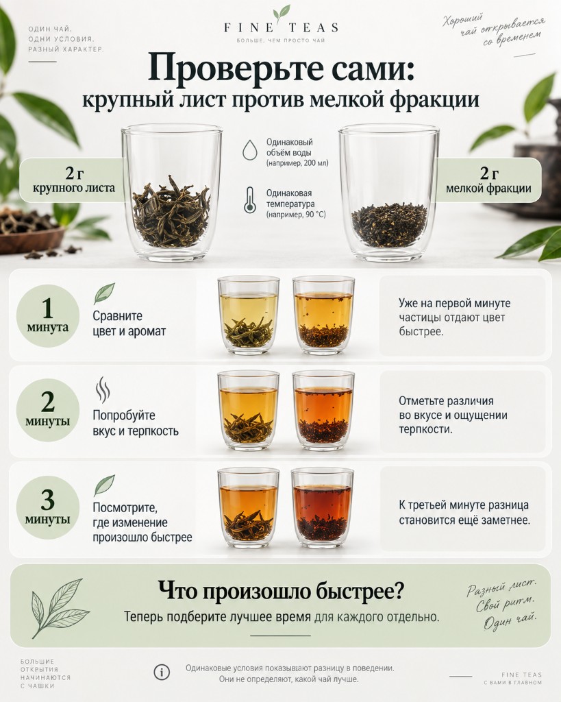 Домашний эксперимент сравнения крупного и мелкого чая через одну, две и три минуты