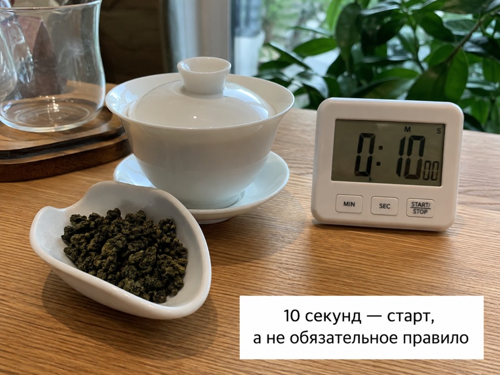 Гайвань, сухой улун и кухонный таймер, установленный на 10 секунд