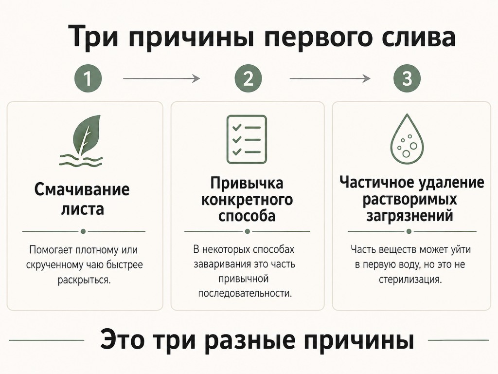 Инфографика «Три причины первого слива»: смачивание листа, привычка способа и частичное удаление растворимых загрязнений
