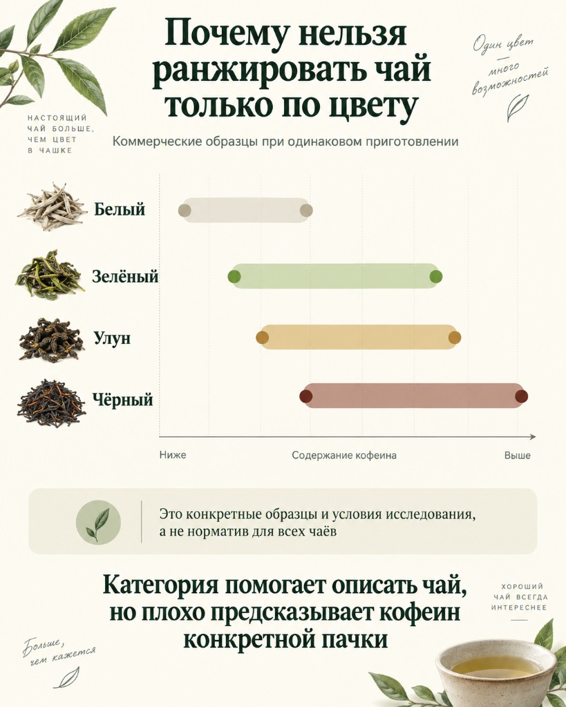Перекрывающиеся диапазоны кофеина в белом, зелёном, улунском и чёрном чае