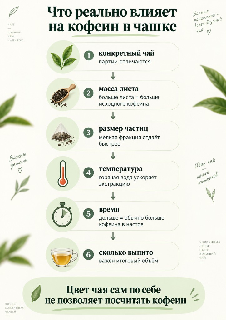 Инфографика: конкретный чай, масса листа, размер частиц, температура, время и объём выпитого влияют на кофеин