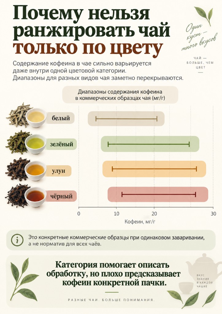 Горизонтальные диапазоны кофеина для белого, зелёного, улуна и чёрного чая с заметным перекрытием