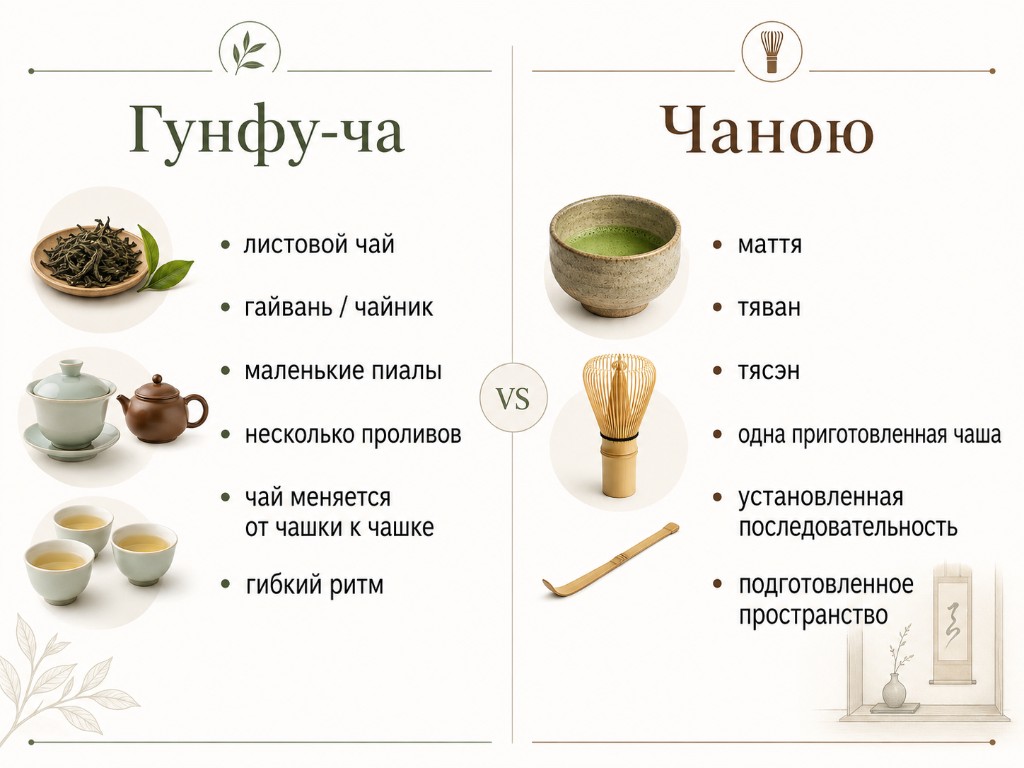 Сравнительная инфографика гунфу-ча и чаною: лист, посуда, проливы против маття и последовательности