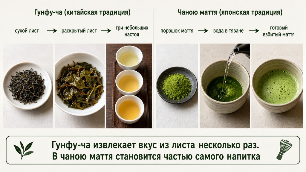 Слева сухой лист, раскрытый лист и три настоя; справа порошок маття, вода в тяване и взбитый маття