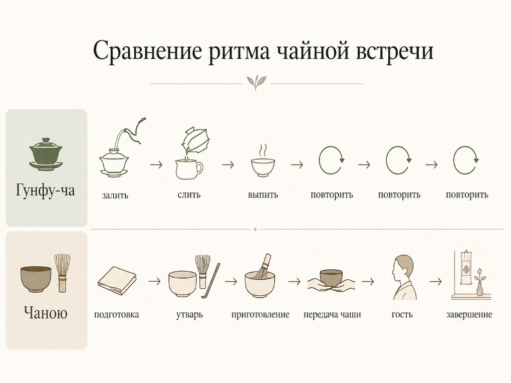 Схема ритма: в гунфу-ча цикл проливов, в чаною линейная последовательность встречи