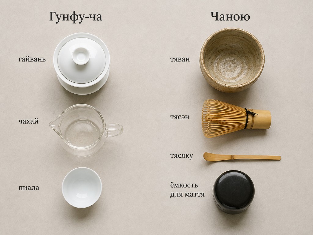 Слева гайвань, чахай и пиала; справа тяван, тясэн, тясяку и ёмкость для маття