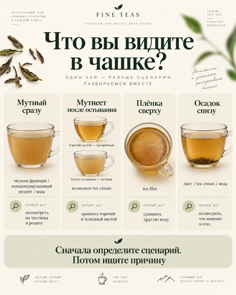 Четыре сценария: мутный сразу, мутнеет после остывания, плёнка сверху и осадок снизу