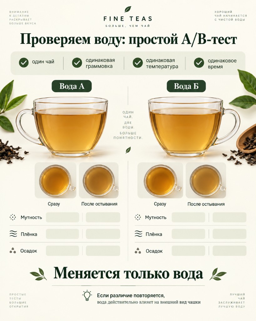 A/B-тест двух вод: один чай, одинаковый рецепт, сравнение мутности плёнки и осадка