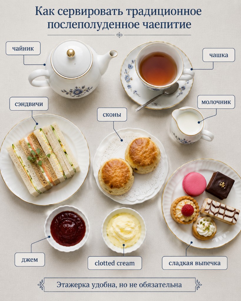 Вид сверху: чайник, чашка, молочник, сэндвичи, сконы, джем, clotted cream и выпечка