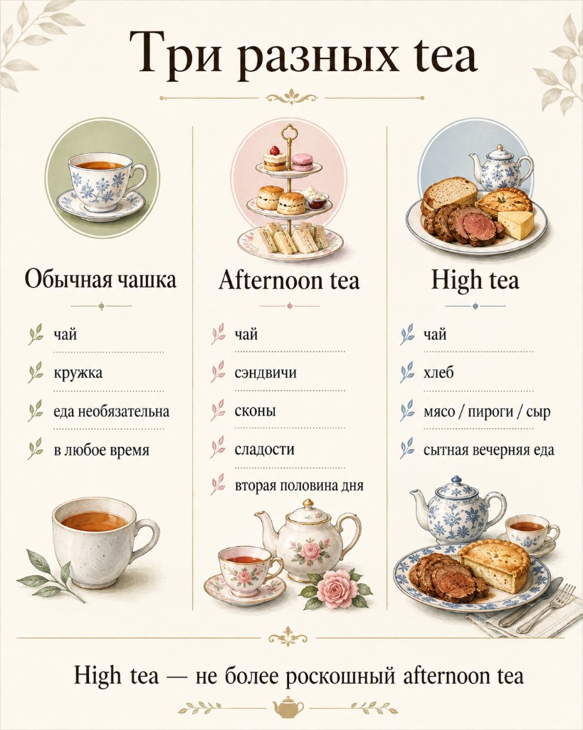 Три колонки: обычная чашка, afternoon tea и high tea