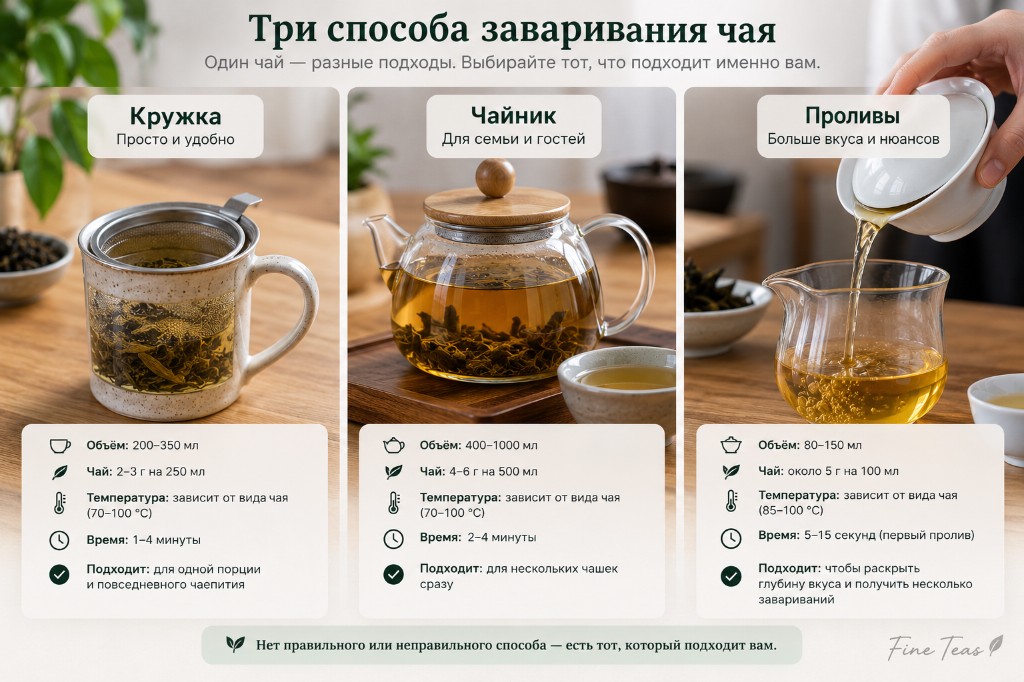 Инфографика Fine Teas: сравнение заваривания в кружке, чайнике и проливами — объём, граммовка, температура и время