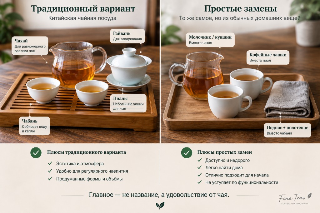 Сравнение: слева чахай, пиалы и чабань; справа молочник, кофейные чашки и поднос с полотенцем