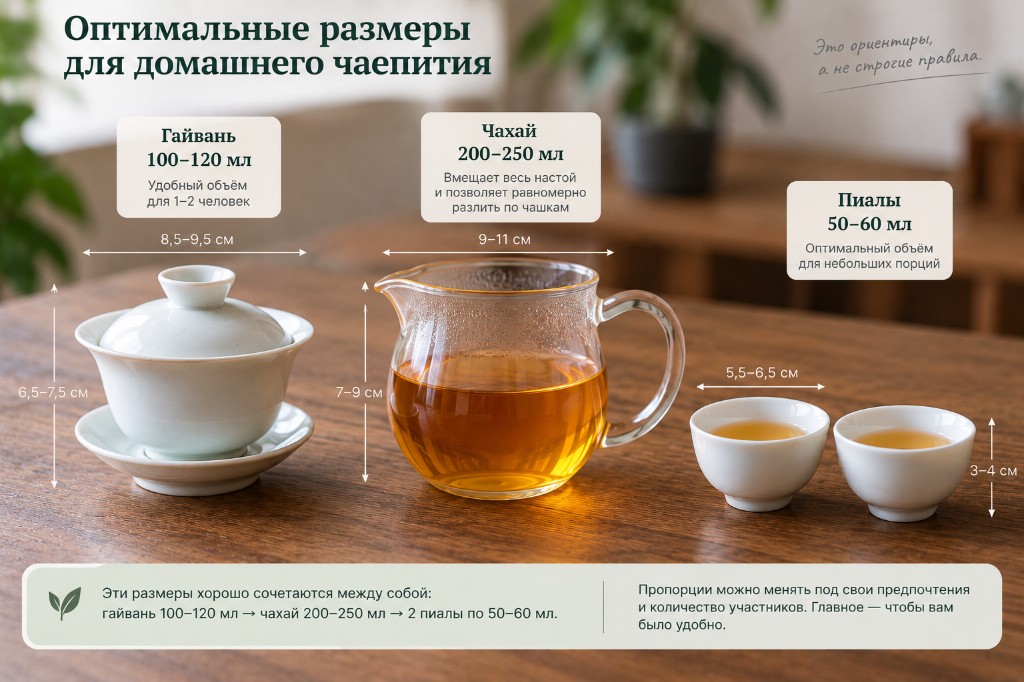 Инфографика размеров: гайвань 100–120 мл, чахай 200–250 мл, пиалы 50–60 мл