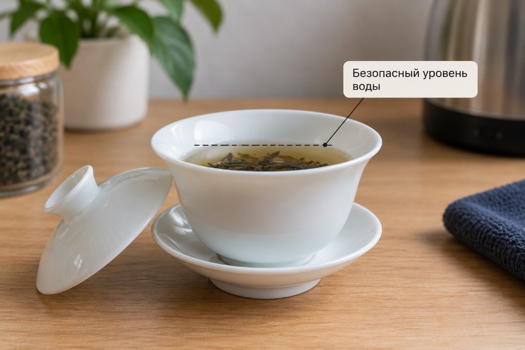 Белая гайвань с чаем: вода заметно ниже отогнутого края, подпись «Безопасный уровень воды»