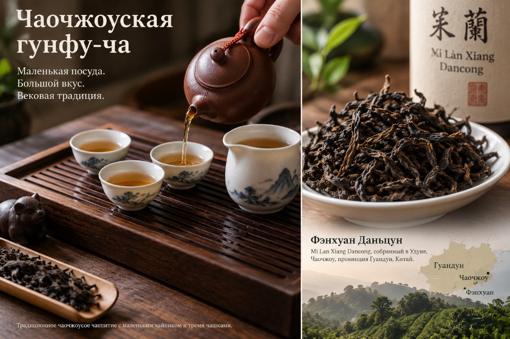Инфографика: чаочжоуское чаепитие с маленьким чайником и три чашки, Фэнхуан Даньцун и карта Гуандуна