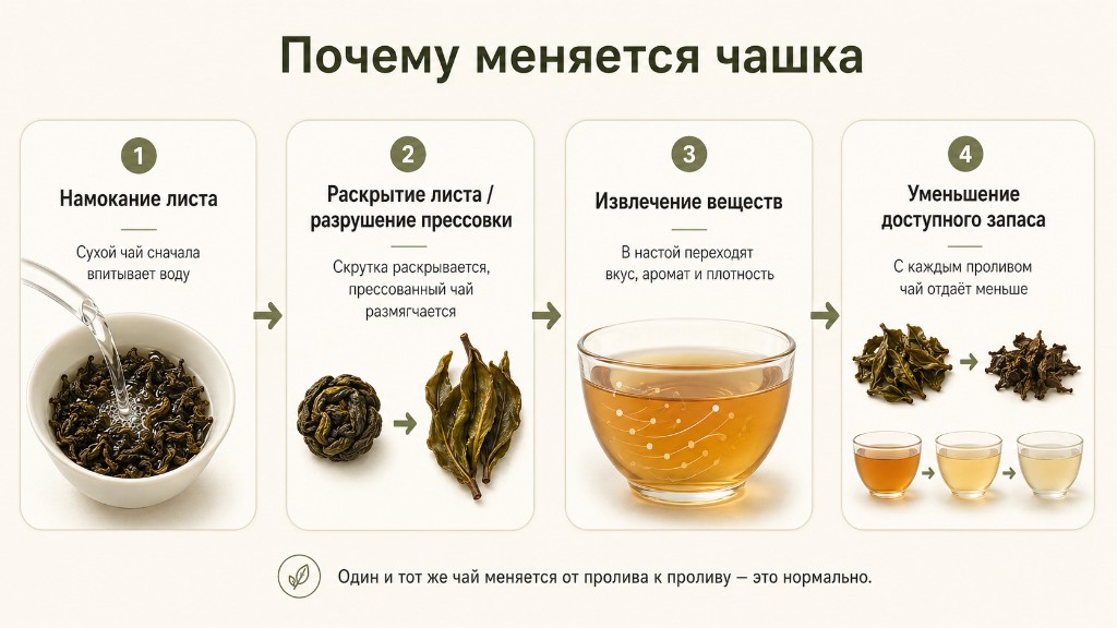 Инфографика: намокание листа, раскрытие скрутки, извлечение веществ и уменьшение доступного запаса