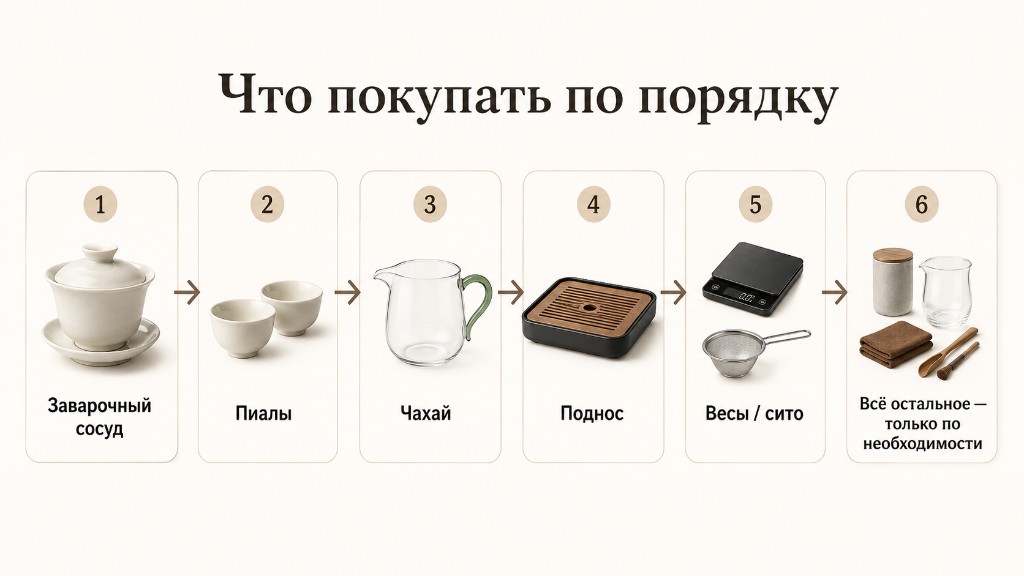 Инфографика: порядок покупок — заварочный сосуд, пиалы, чахай, поднос, весы и сито, остальное по необходимости