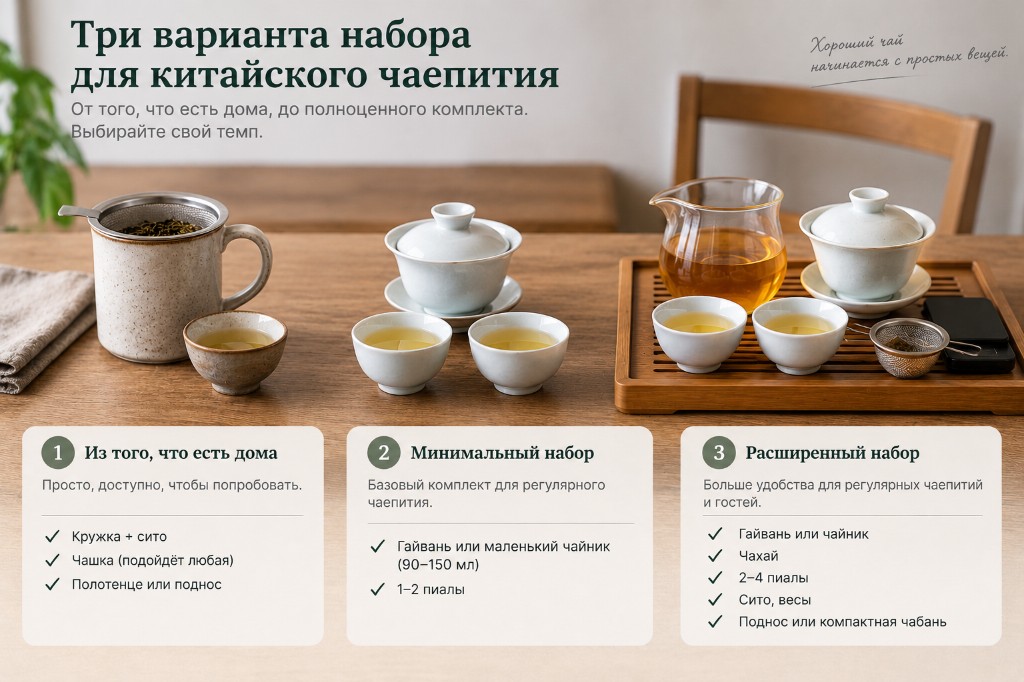 Три набора на деревянном столе: кружка с ситом, минимальный комплект с гайванью и пиалами, расширенный набор с чахаем и подносом