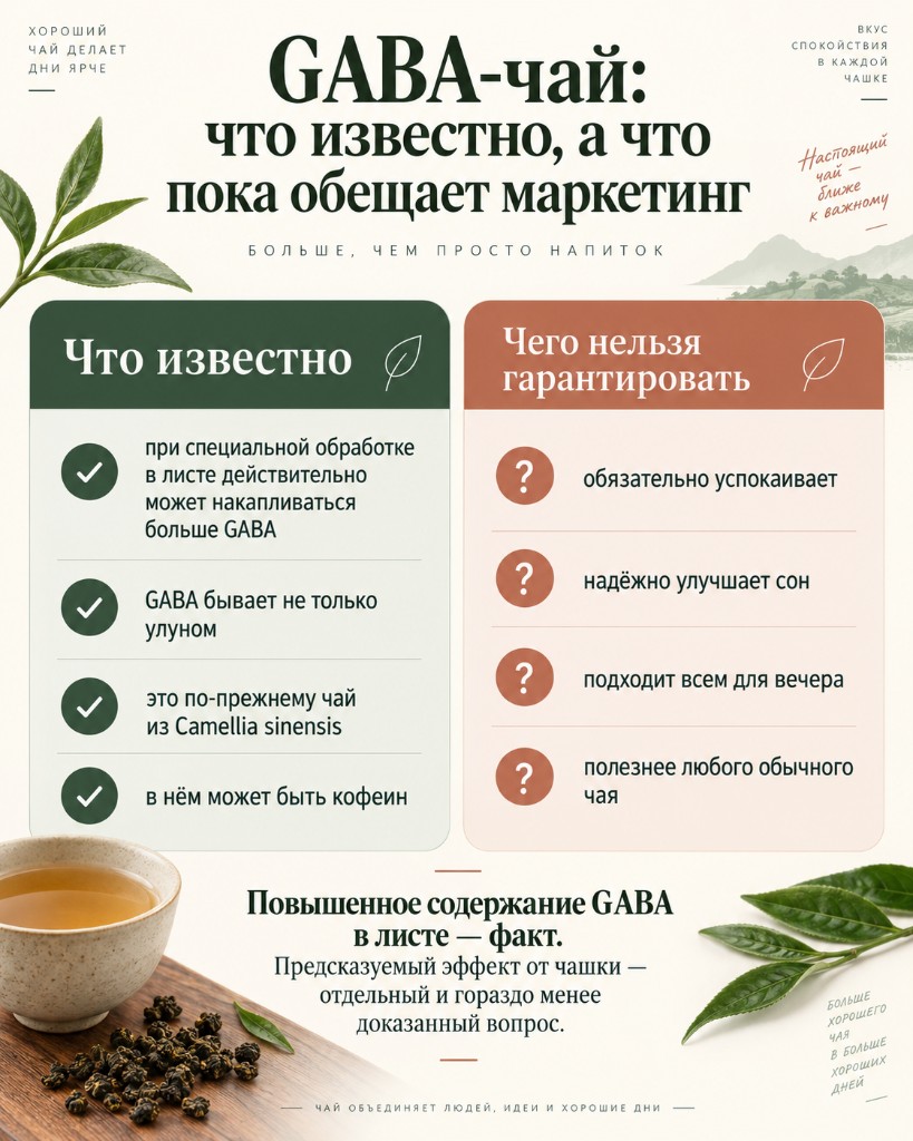 Инфографика: что известно о GABA-чае и чего нельзя гарантировать по маркетинговым обещаниям