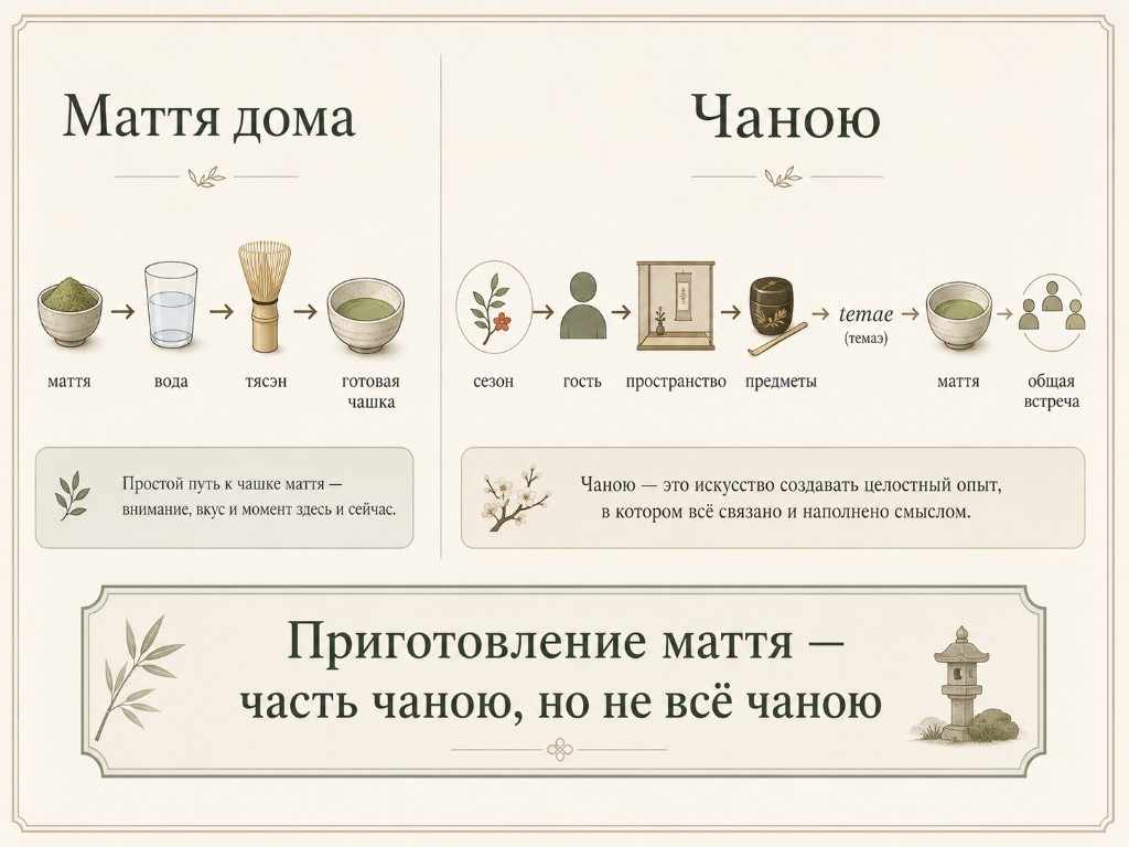 Сравнение: домашний маття из четырёх шагов и чаною как встреча с сезоном, гостем и temae