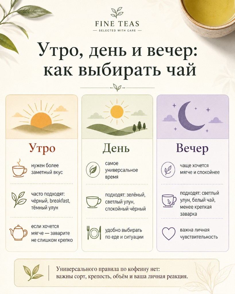 Три колонки рекомендаций по выбору чая утром, днём и вечером