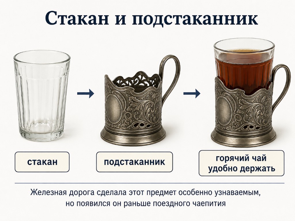 Стакан, металлический подстаканник и собранный стакан с горячим чаем