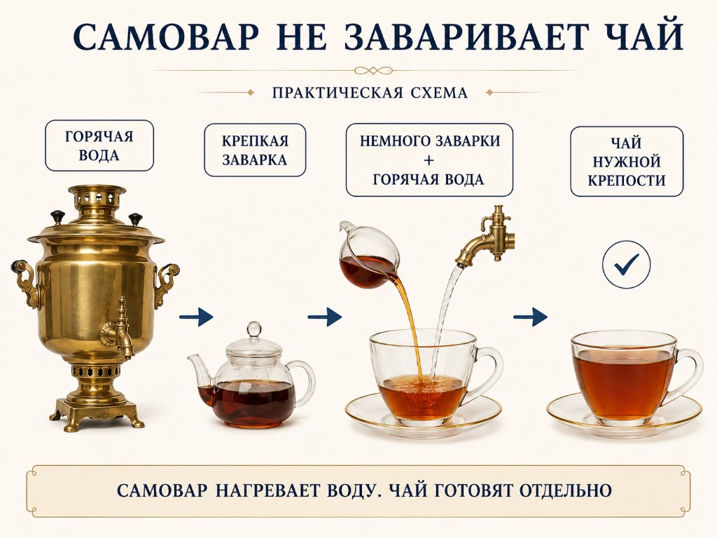 Схема: самовар даёт горячую воду, маленький чайник — крепкую заварку, в чашке смешивают до нужной крепости