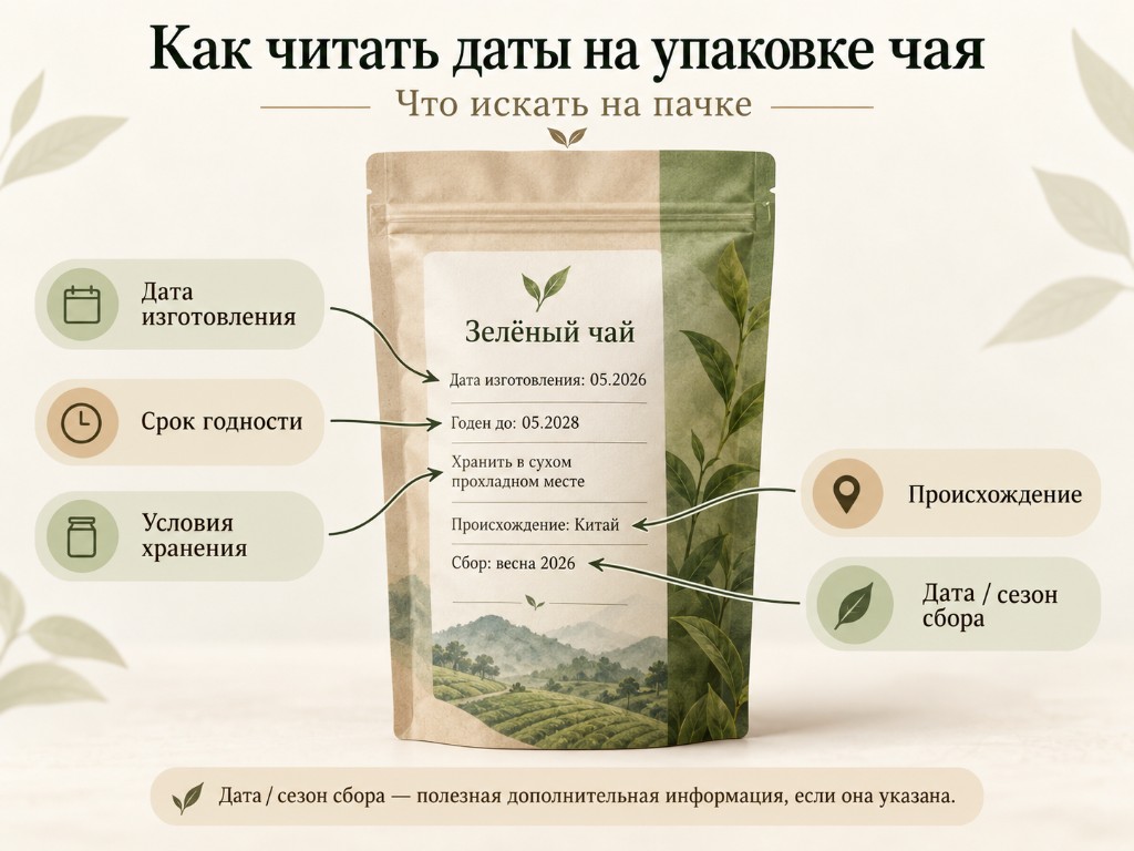 Аннотированная пачка чая: дата изготовления, срок годности, условия хранения, происхождение и сезон сбора