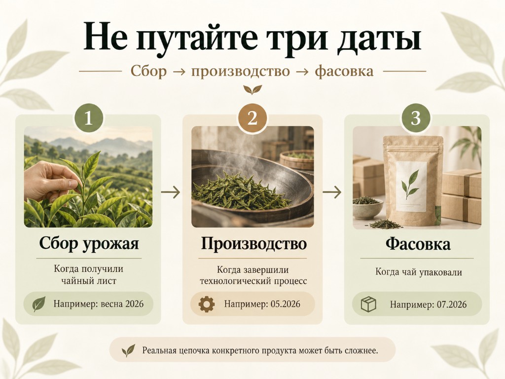 Схема: сбор урожая, производство и фасовка — три разные даты на чайной пачке