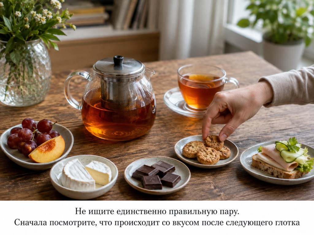 Чайник и чашка с янтарным чаем рядом с фруктами, сыром, шоколадом, печеньем и сэндвичем