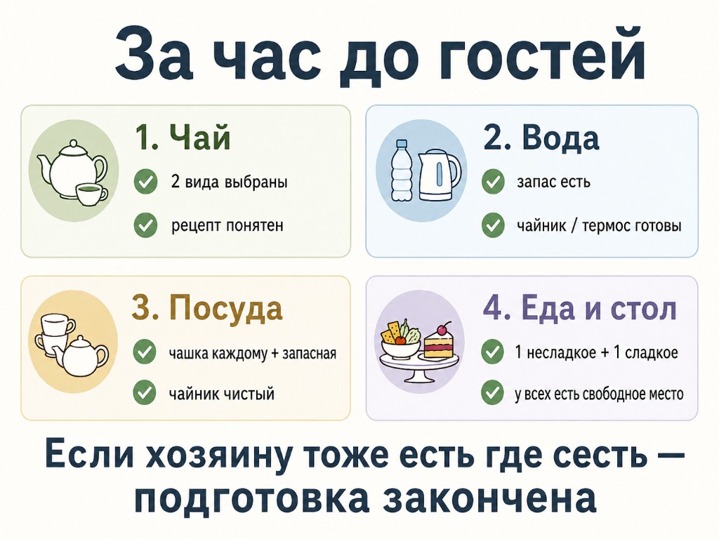 Чек-лист: чай, вода, посуда, еда и стол