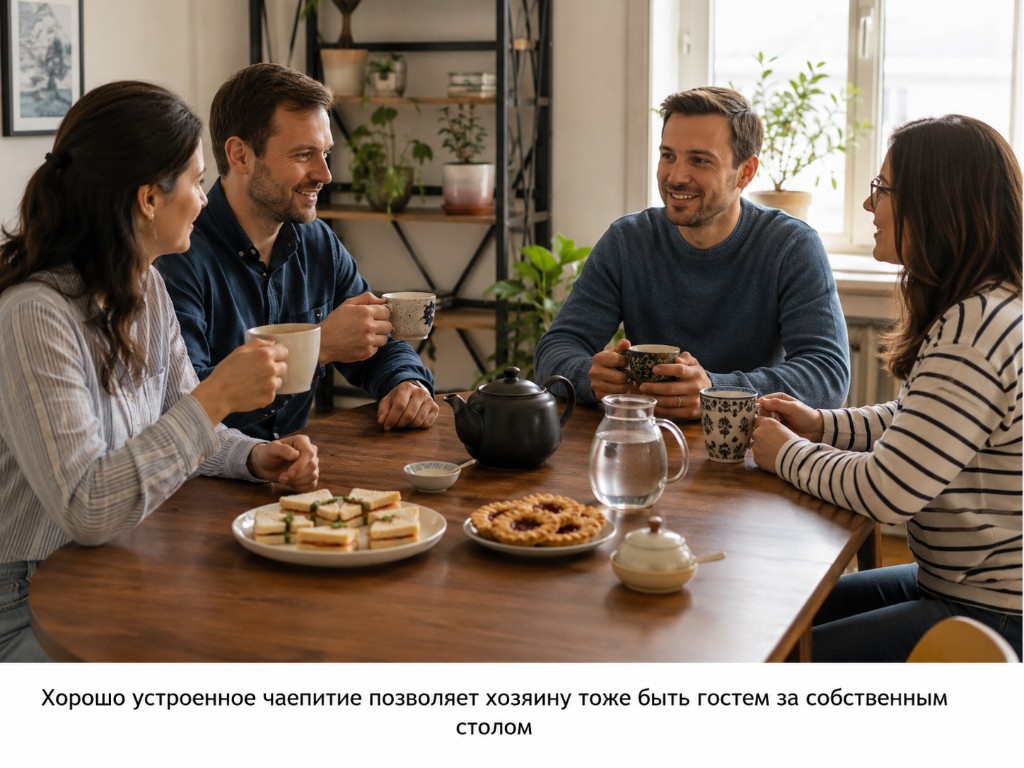 Четверо за столом с чайником, чашками, сэндвичами и печеньем