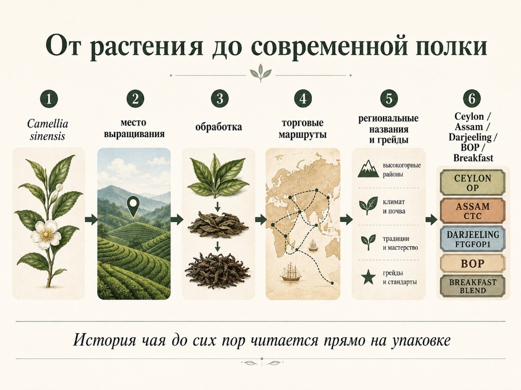 Схема от Camellia sinensis через обработку и торговлю к названиям на упаковке