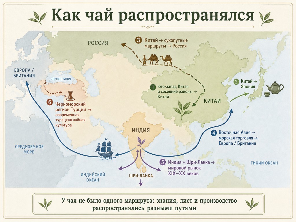 Карта распространения чая: Китай, Япония, Россия, Европа, Индия, Шри-Ланка и Турция