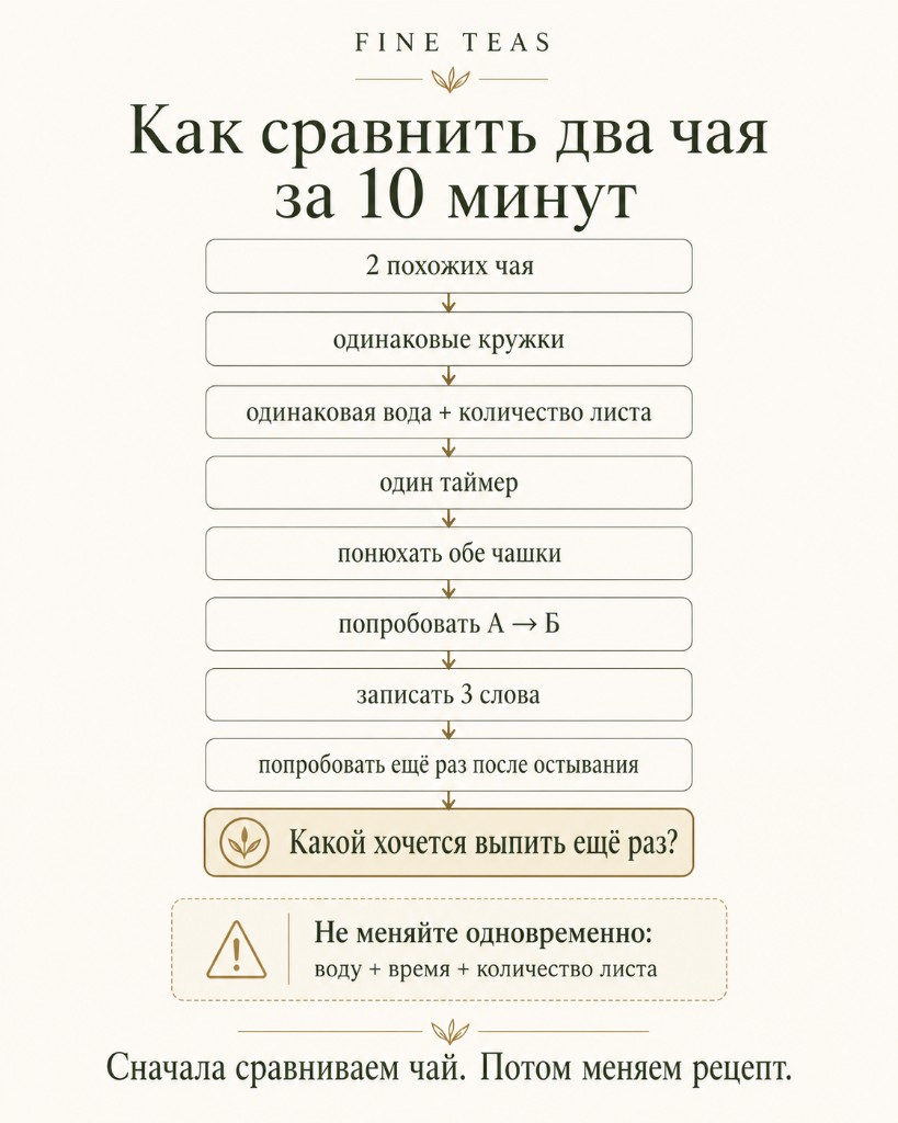 Пошаговая схема сравнения двух чаёв: одинаковые кружки, вода, таймер, три слова и повтор после остывания