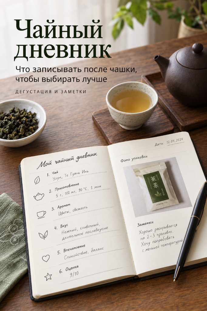 Пример записи в чайном дневнике: улун, заваривание, запах, вкус, впечатление и оценка