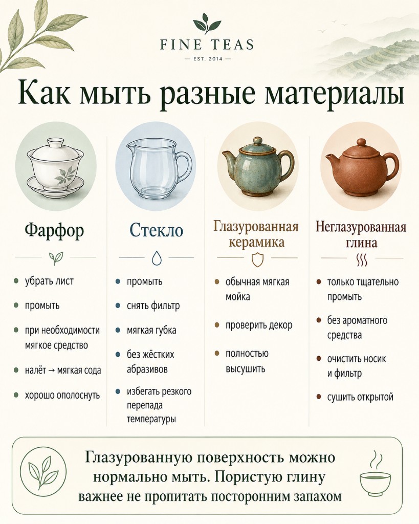 Инфографика ухода за фарфором, стеклом, глазурованной керамикой и неглазурованной глиной