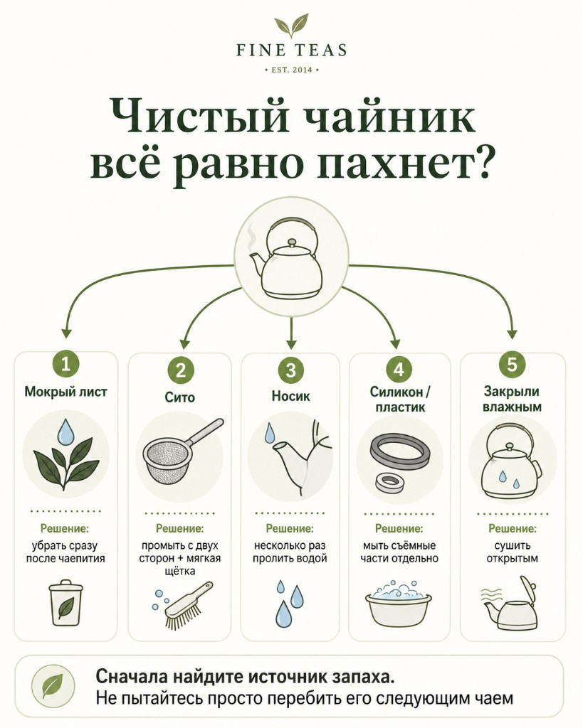 Пять источников запаха в чайной посуде: мокрый лист, сито, носик, силикон и закрытие влажным