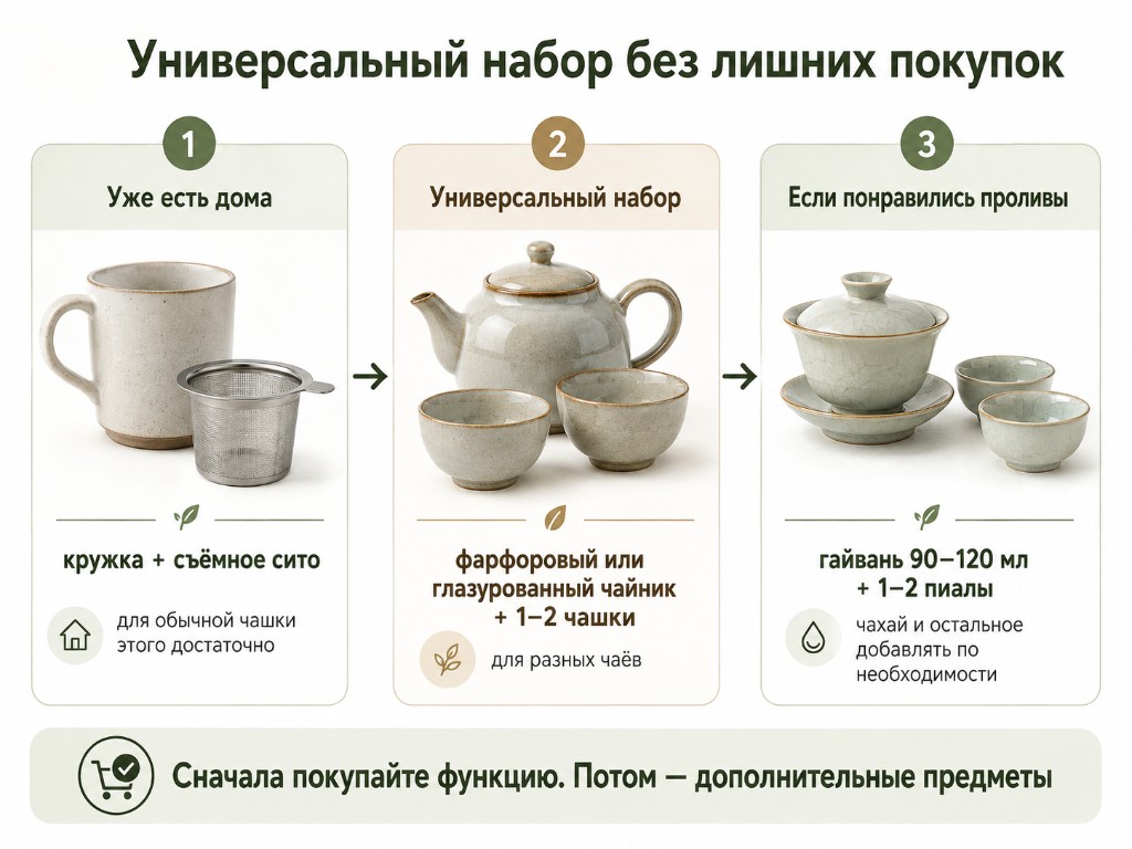 Три уровня набора: кружка с ситом, чайник с чашками и гайвань для проливов
