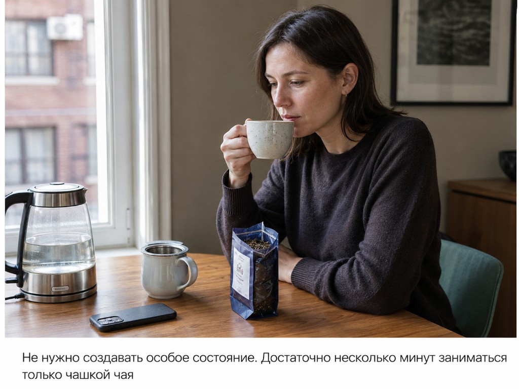 Человек с чашкой у стола: электрический чайник, листовой чай и телефон экраном вниз