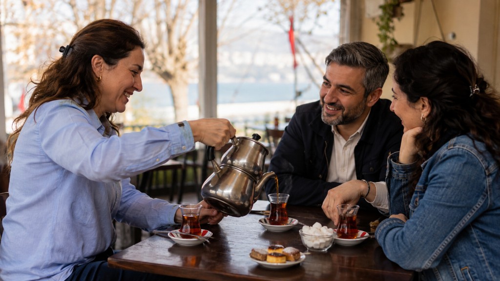Трое за столом: çaydanlık, тюльпановидные стаканы, сахар и разговор