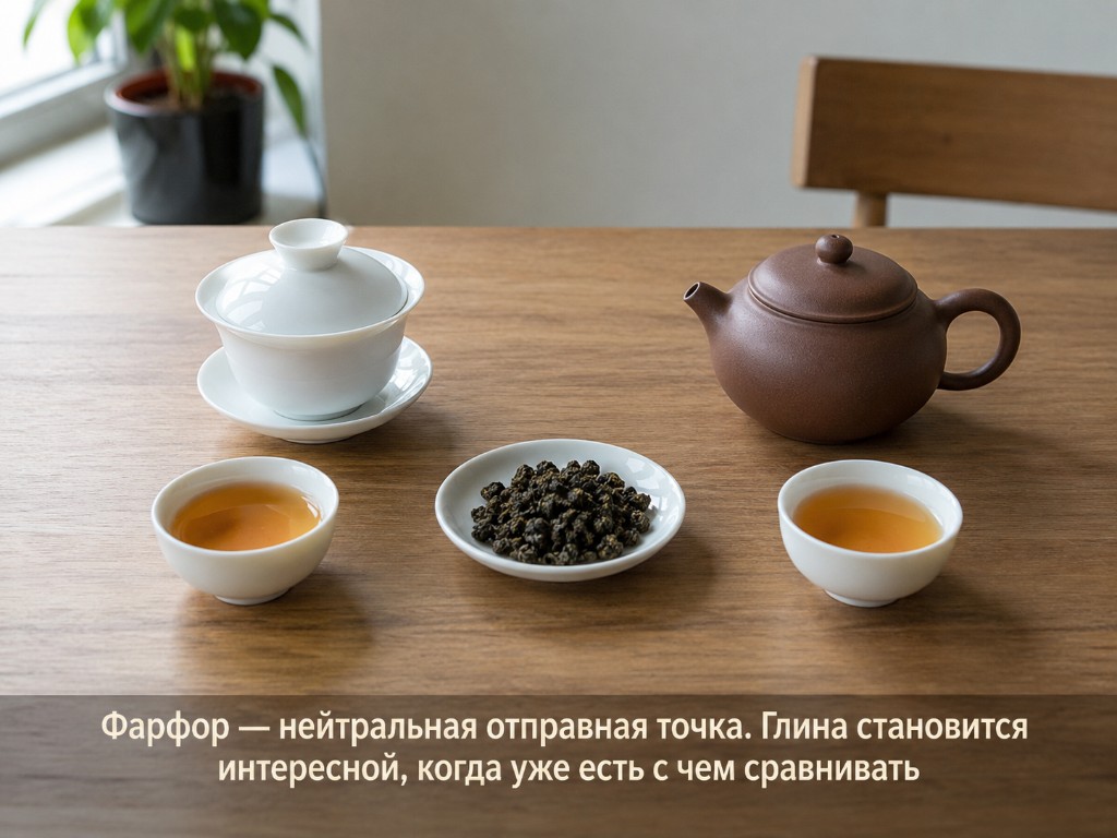 Белая фарфоровая гайвань и коричневый исинский чайник с двумя одинаковыми чашками настоя